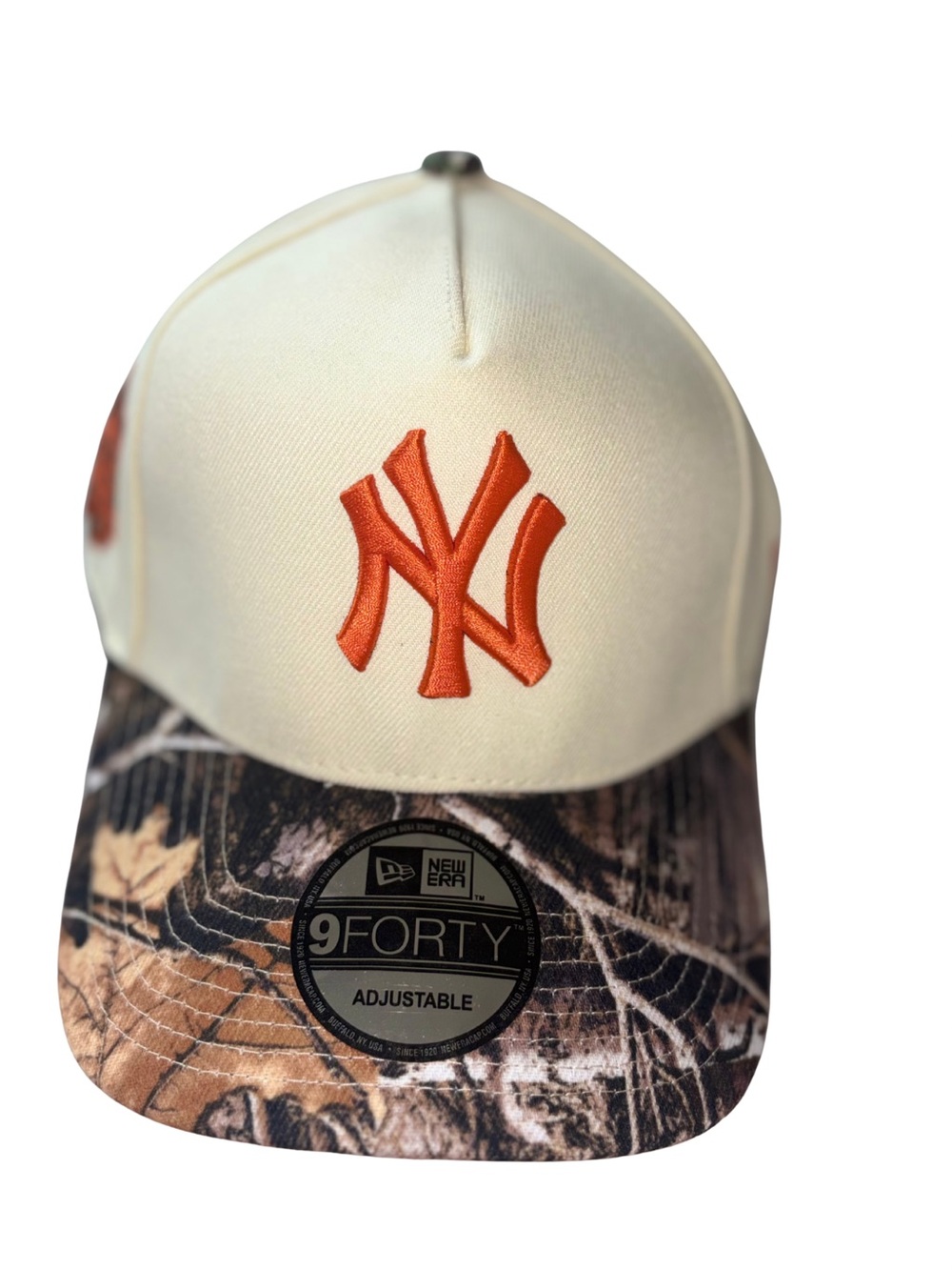 New Era Cream Cap with Orange NY Logo and Camo Brim